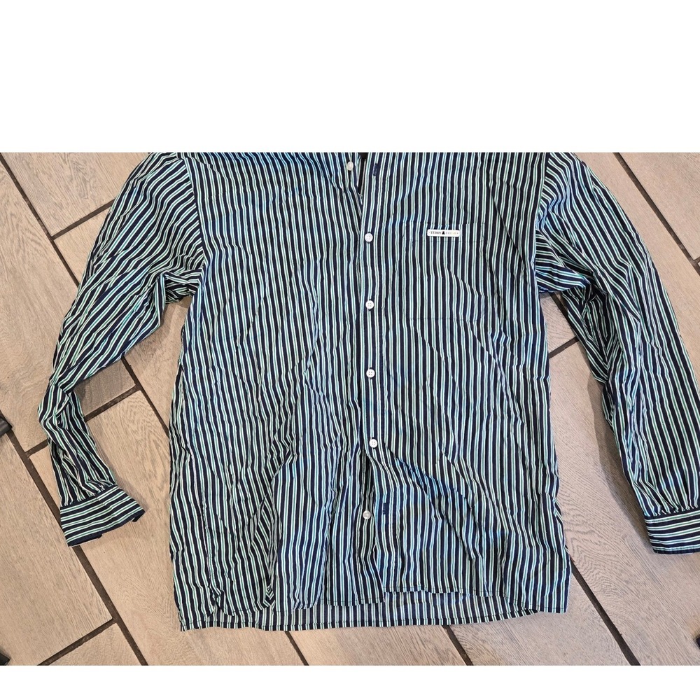 Teddy Fresh Mens Large Striped Button Down Shirt Navy Teal Embroidered Bear